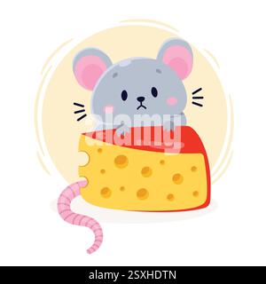 Maus und Käse. Niedliche Zeichentrickvektor-Illustration. Stock Vektor