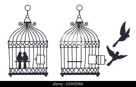 Zwei Vögel im Käfig. Schwarze Silhouette Vintage Vogelkäfige. Vogelbarsch. Fliege aus der Falle. Eingeschlossene kanarienvögel. Offenes oder geschlossenes Drahtgefängnis für Haustier. Papageien esc Stock Vektor