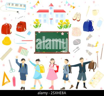 Stilvolles handgezeichnetes Illustrationsvektormaterial der Schuleingangszeremonie für Grundschulkinder mit einem Satz Werkzeug-Symbol für die Schule. Stock Vektor