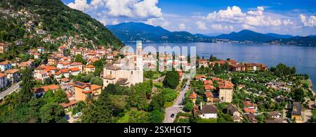 Italien, Region Piemont (Piemont) schöner Lago Maggiore. Malerisches Dorf Cassino an der Riviera von Cannero, Grenze zur Schweiz. Luftaufnahme Stockfoto