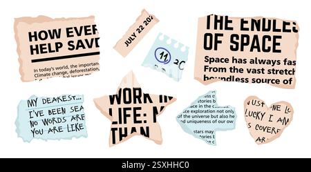 Zeitungsausschnitte. Papierrisse mit Typografie. Druckausgabe schreddert. Zackige Kanten verschrotten. Zerlumpte Zeitschriften und Bücherfragmente. Zeitungspapierausschnitt RO Stock Vektor