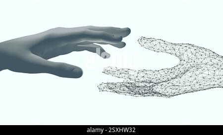 Die Hand des KI-Netzwerks berührt die menschliche Hand auf weißem Hintergrund. KI-Tools, die Menschen helfen. Technologiekonzept künstlicher Intelligenz Stockfoto