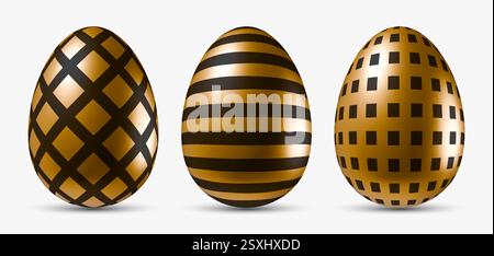 Goldene Ostereier mit schwarzen Mustern in verschiedenen Designs. Vektoreiobjekte isoliert auf weiß Stock Vektor