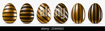 Schwarz-Gold gestreifte 3D-ostereier-Kollektion. Set aus dekorativem Ei mit verschiedenen Streifenmustern Stock Vektor