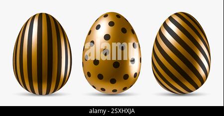 Goldene Eier mit schwarzem Muster in verschiedenen Designs. Dekoratives goldenes Ei im realistischen 3D-Vektor-Stil Stock Vektor