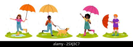 Kinder genießen einen regnerischen Tag mit Regenschirmen und einem Hund in einer lebhaften Umgebung im Freien Stock Vektor