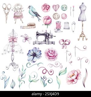 Aquarellset Vintage-Nähte mit Blume im Retro-Stil. Maschine, Schere, Schaufensterpuppe, Nadeln, Nadeln für Schneidereien und Bastelarbeiten. Schneiderwerkstatt Stockfoto