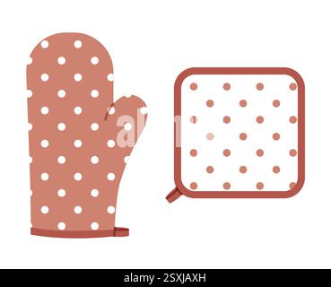 Backofen Handschuhe Handschuh und Topfhalter Cartoon Mocha Mousse Polka Dot Muster Mode Hand Accessoire Kleidung technische Illustration Kleid. Vektorstil flache Vorlage CAD-Skizzenkontur auf weißem Hintergrund Stock Vektor