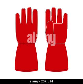 Schweißhandschuhe Arbeitshandschuhe Accessoire Kleidung rote Cartoon technische Illustration Kleid. Vektor-Vorderhandfläche Rückansicht für Männer, Frauen, Unisex-Stil flache Vorlage CAD-Skizze Umriss auf weißem Hintergrund Stock Vektor