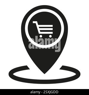 Symbol für Einkaufsort. Einkaufswagen-Symbol. Navigation speichern. Schwarzer einfacher Marker. Stock Vektor