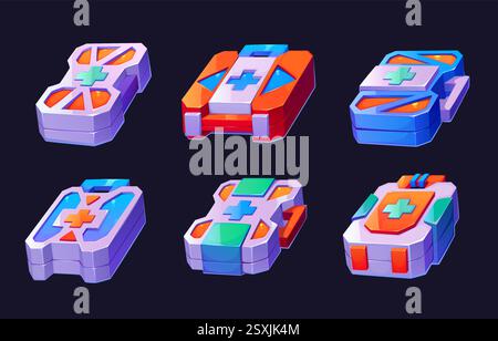 Erste-Hilfe-Set-Symbole Asset. Cartoon-Vektor futuristische Science-fiction-Spiel-Medizinkästen mit Kreuzsymbolen. Gesundheitspakete für das Überleben im Weltraum. Isoliert Stock Vektor