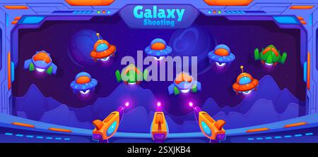 Carnival Shooting Game, Galaxienkampfschießstand im Vergnügungspark mit Cartoon Space Gun und UFO Raumschiffen. Vektor-Karneval-Shooting-Spiel mit Alien Stock Vektor