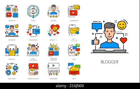 Bloggen, Farblinien für Social-Media-Inhalte. Online-Blogging lineare Vektorsymbole, Web-Blogging-Inhalte umreißen Symbole. Bewertung sozialer Medien, f Stock Vektor
