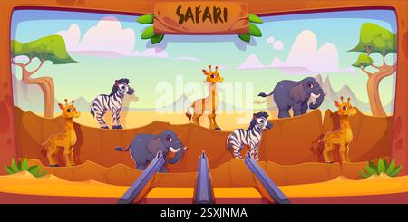 Safari Jagd Karneval Shooting Game, Schießstand im Kinder Vergnügungspark mit Zeichentricktieren auf afrikanischem Hintergrund. Elefant, Giraf Stock Vektor