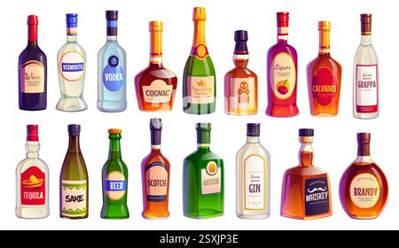 Zeichentrickalkoholflaschen mit Spirituosen und Weingetränken oder Bargetränken, Vektorsymbole. Champagner und Whiskey oder Scotch und Brandy mit Rum und Tequila, abs Stock Vektor