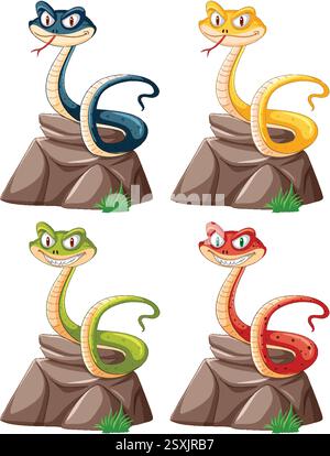 Vier lebendige Schlangen, die auf Felsen sitzen und lächeln Stock Vektor