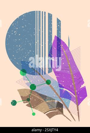 Risograph-Feder mit geometrischen Formen. Objekte in trendigem Riso-Grafik-Design mit Texturelementen. Stock Vektor