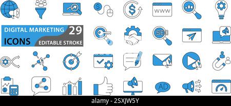 Symbolsatz für digitales Marketing. Enthält seo, Inhalte, Websites und Online-Werbung. Symbolvektorsammlung. Stock Vektor