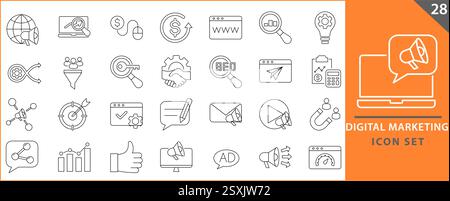 Symbolsatz für digitales Marketing. Enthält seo, Inhalte, Websites und Online-Werbung. Symbolvektorsammlung. Stock Vektor