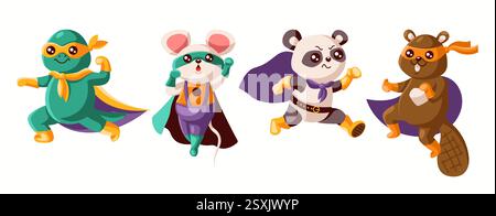 Illustration von vier niedlichen Zeichentricktieren, die als Superhelden gekleidet sind und bunte Umhänge und Masken tragen, die dynamische und verspielte Ausdrücke gegen W zeigen Stock Vektor
