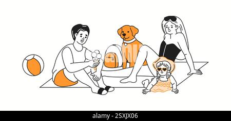 Eine Familie genießt ein Picknick am Strand mit ihrem Hund, entspannt sich unter der Sonne, teilt Eis und verbringt gute Zeit zusammen in einem Doodle-styl Stock Vektor