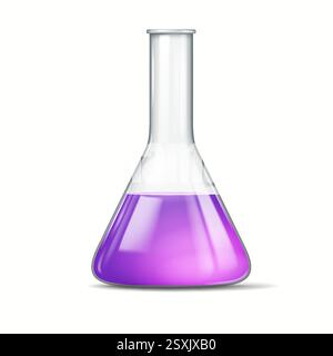Realistische Darstellung eines Erlenmeyerkolbens mit einer leuchtenden violetten Flüssigkeit. Dieses wissenschaftliche Glasgerät ist in Chemielaboren für verschiedene wichtig Stock Vektor
