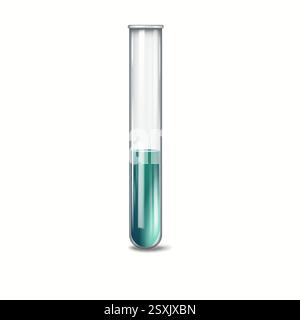 Abbildung eines transparenten Laborglases mit grüner Flüssigkeit, stehend auf weißem Hintergrund platziert und symbolisiert das wissenschaftliche Experiment Stock Vektor