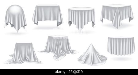 Weiße Satin-Vorhänge über Tischen realistische Farbsymbole. Hinweis auf verborgene Objekte und Vorfreude 3D-Design-Paket Stock Vektor