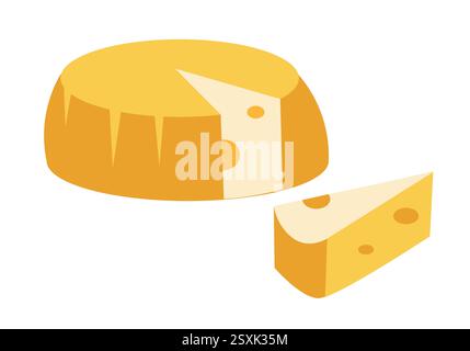 Großer Käsekopf und abgeschnittenes Stück. Essen und traditionelle Küche. Symbole und isolierte Vektorillustration auf weißem Hintergrund. Stock Vektor