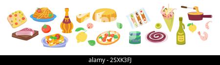 Set von Lebensmitteln, Lebensmittel aus Italien. Lebensmittel und traditionelle Küche. Symbole und isolierte Vektorabbildungen auf weißem Hintergrund. Stock Vektor
