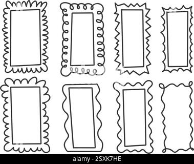 Wellenförmige Rahmen. Rechteckige quadratische Muschelformen. Schnuppern Sie handgezeichnete Doodle Boxen. Schlichte dekorative Dekoration im Retro-Stil. Retro-Ästhetik Stock Vektor