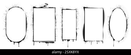 Schwarze Farbschablonen isoliert auf weißem Hintergrund. Vektor-realistische Illustration von rechteckigen, ovalen Tintenrändern, Airbrush-Silhouette, grungy Street Art Rahmen mit Farbtropfen Stock Vektor
