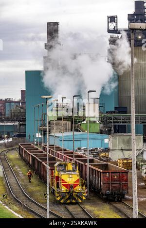 Huettenwerke Krupp-Mannesmann, HKM in Duisburg, Rangiergleise im Hochofenstahlwerk, Rangieranlagen, Nordrhein-Westfalen, Deutschland, Europa Stockfoto