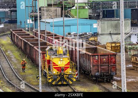 Huettenwerke Krupp-Mannesmann, HKM in Duisburg, Rangiergleise im Hochofenstahlwerk, Rangieranlagen, Nordrhein-Westfalen, Deutschland, Europa Stockfoto