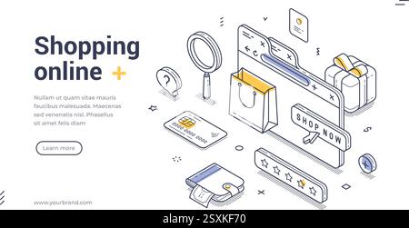 Die isometrische Webbanner-Vorlage für das Konzept eines Online-Shops bietet ein übersichtliches Design für die Förderung des Online-Einkaufs. Vektorabbildung Stock Vektor