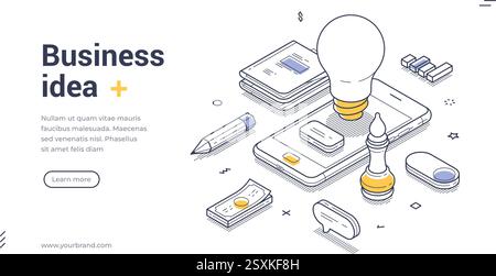 Kreatives Konzept für Geschäftsideen. Die moderne Webbanner-Vorlage zeigt ein helles isometrisches Design mit Strichgrafik-Elementen. Enthält ein Smartphone, Light Bu Stock Vektor
