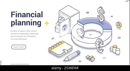 Finanzplanungskonzept. Webbanner-Vorlage zeigt isometrische Zeilenelemente in Bezug auf Budgetierung und Investitionen. Vektorabbildung Stock Vektor