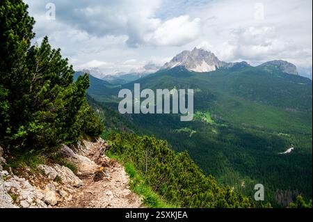 Atemberaubende Aussicht auf Wälder, Berge und Täler in den italienischen Dolomiten (Dolomiten, Dolomiten). Von einem malerischen Pfad entlang eines felsigen Felsens erfasst. Stockfoto