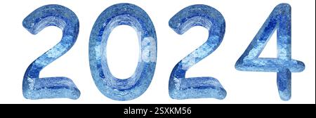 Konzept oder Konzept 2024 Jahre aus blauer Eisschriftart isoliert auf weißem Hintergrund. Eine abstrakte 3D-Illustration als Metapher für die Zukunft Stockfoto