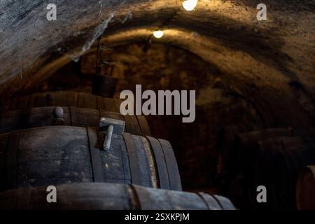 Alter Weinkeller mit Fässern und einem Holzhammer Stockfoto