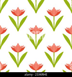 Zartes nahtloses Muster mit Tulpen auf weißem Hintergrund. Niedliches endloses Design, ideal für Stoff- und Geschenkpapier. Frühling Sommer Garten Stockfoto
