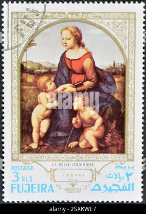 Gestempelte Briefmarke, gedruckt von Fujairah (Fujeira), die Gemälde der schöne Gärtner zeigt, von Raphael um 1970. Stockfoto