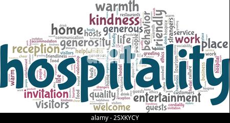 Gastfreundschaft Vektor Illustration Wort Wolke isoliert auf einem weißen Hintergrund. Stock Vektor