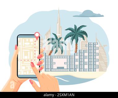 Vektorillustration Spaziergang durch die Stadt. Navigation. Hände halten das Handy und zeichnen die bewegliche Route auf dem Telefonbildschirm. Stadtplan. Lage Reise L Stock Vektor