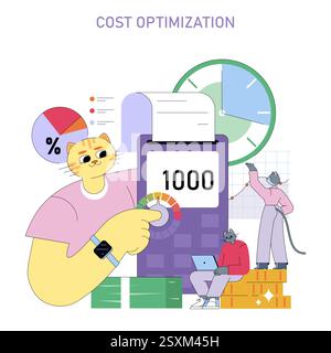 Kostenoptimierungskonzept. Visuelle Darstellung der finanziellen Effizienz und des Ressourcenmanagements. Veranschaulicht, wie wichtig es ist, Kosten zu senken und gleichzeitig die Leistung durch Analysetools und Teamarbeit zu maximieren. Vektorabbildung. Stock Vektor