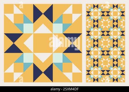 Geometrisches Sternmuster, fettes und farbenfrohes Steppdesign mit sich wiederholendem Motiv, nahtloses Vektormuster, abstrakter geometrischer Hintergrund. Traditionelle Scheune Stock Vektor