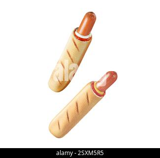 Ein köstlicher und leckerer französischer Hot Dog in einem weichen, goldenen Brötchen mit Mayonnaise, Ketchup und Senf Stockfoto