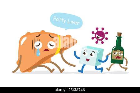 Fettleber mit Zucker, Hepatitis-Virus, Alkohol. Niedliche medizinische Zeichentrickfigur. Weißen Hintergrund isolieren. Vektor . Stock Vektor