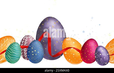 Helle FrühlingsOstereier mit Malerei, nahtloses Muster. Aquarellabbildung im digitalen Format. Horizontale festliche Grenze, isoliert auf weißem bac Stockfoto