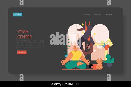 Yoga Center fördert Wellness und Achtsamkeit. Spannende Szene mit verschiedenen Personen, die Yoga mit Tieren in einer ruhigen Umgebung üben. Förderung eines gesunden Lebensstils und einer Verbindung zur Gemeinschaft. Vektorabbildung. Stock Vektor